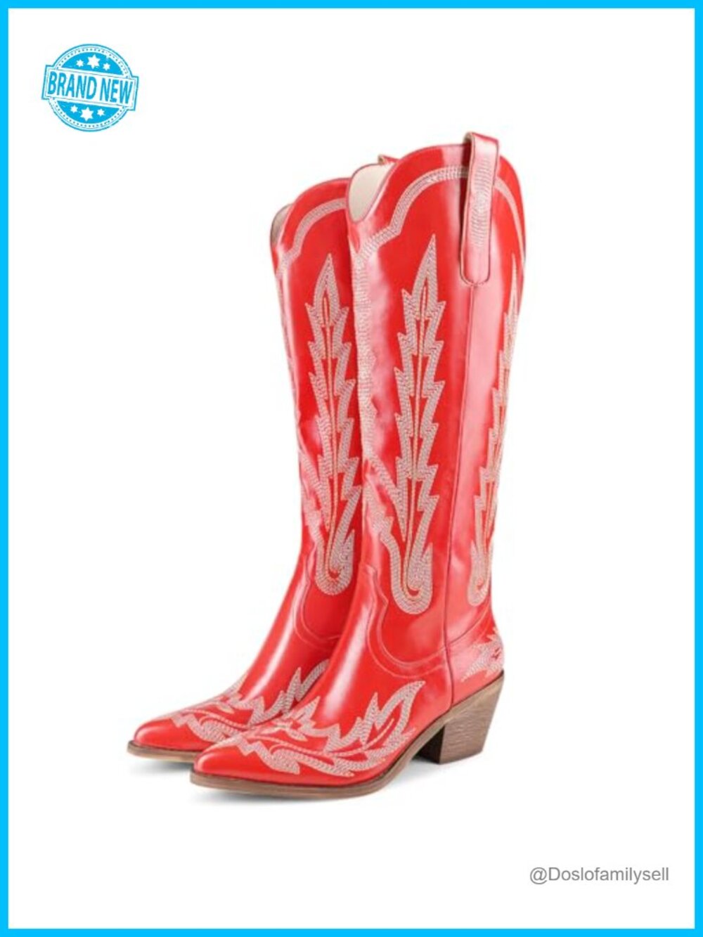 Embroidered Faux Leather Cowboy Boots Pointed Toe Chunky Heel Western